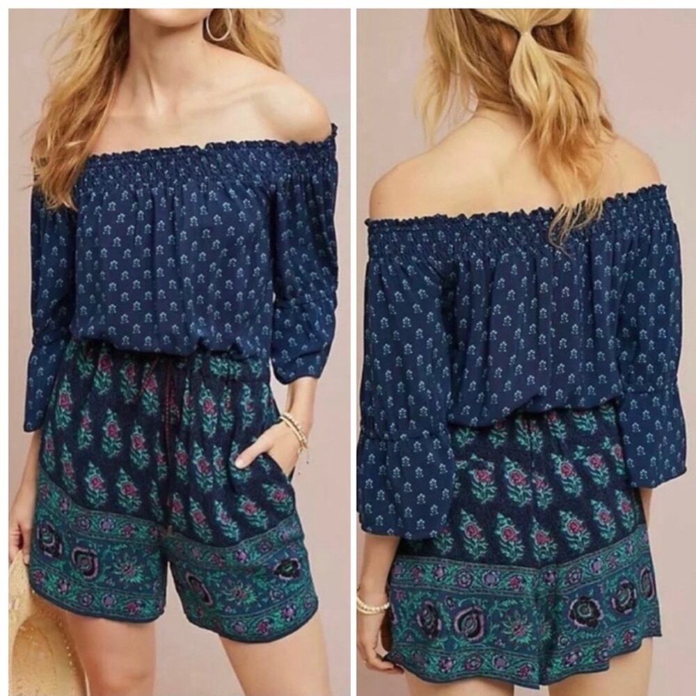 Ett Twa Anthropologie Navy Blue Purple Floral Printed Shorts Kaleo Romper S Boho View 4